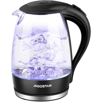 Glass Electric Kettle 1.7L 2200W Fast Boil LED Light Black Aigostar