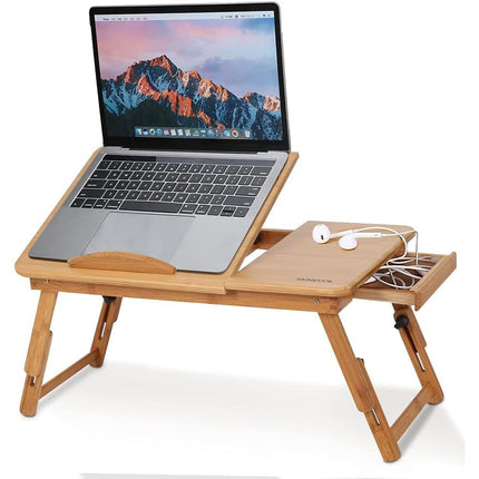 Bamboo Laptop Desk Adjustable Bed Tray with Drawer Cup Slot and Vent Ejoyous