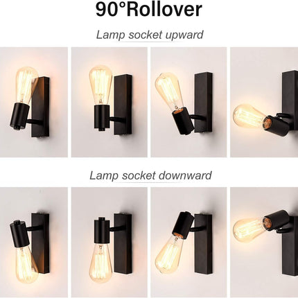 Industrial Wall Lights 2 Pack Rotatable E27 Rustic Wall Sconce Black Lightess