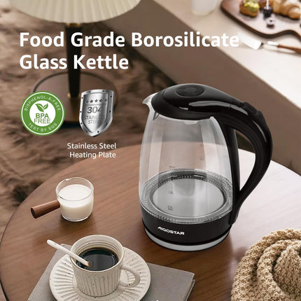 Glass Electric Kettle 1.7L 2200W Fast Boil LED Light Black Aigostar