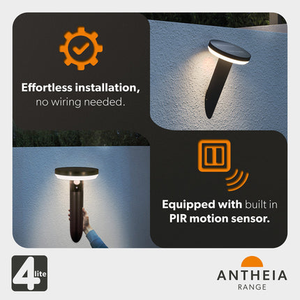4lite Antheia Solar IP54 Die-Cast Aluminium LED Outdoor Wall Light with Built in PIR Motion Sensor