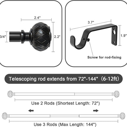 3pcs SZXIMU Curtain Pole 182-365cm (72-144''), Extendable, Netted Finials, Black