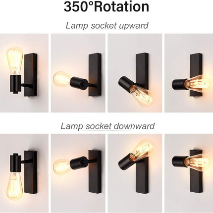 Industrial Wall Lights 2 Pack Rotatable E27 Rustic Wall Sconce Black Lightess