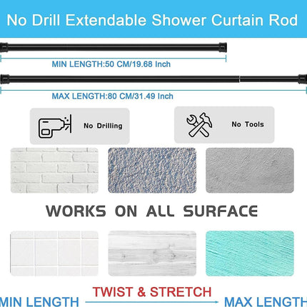 Shower Curtain Rod Tension Extendable Anti Slip 2PCS 50.5-80cm No Drill