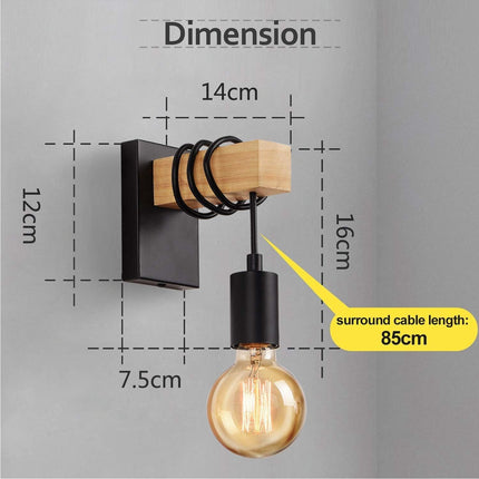 Wooden Wall Light 2 Pack Vintage Industrial E27 Rustic Sconce Black Lightess