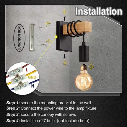 Wooden Wall Light 2 Pack Vintage Industrial E27 Rustic Sconce Black Lightess