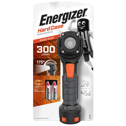 Energizer Hard Case 300 Lumens Pivot Rotating Head LED Torch with Magnetic Base & 2x AA Batteries