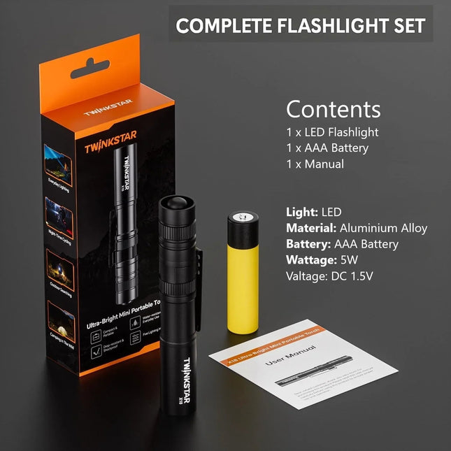 Twinkstar Mini LED Torch Pocket Flashlight Clip 5 Modes 1 AAA Battery Included