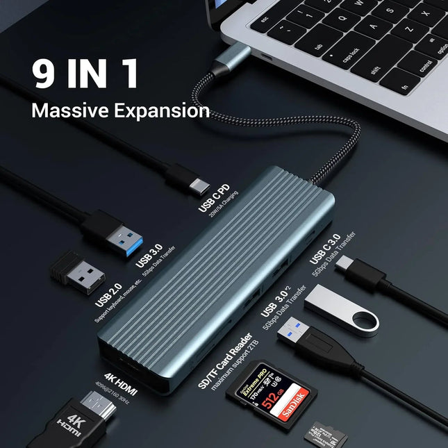 USB C Docking Station 9-in-1 with HDMI 4K SD/TF Slots USB for Mac Windows Linux