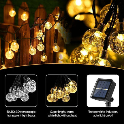 60 LED Solar Globe String Lights Warm White Outdoor Garden Waterproof 11m 8 Mode