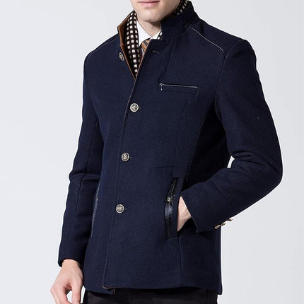 Mens Winter Wool Coat Thick Stand Collar With Scarf Navy Blue Size M, Biutimarden