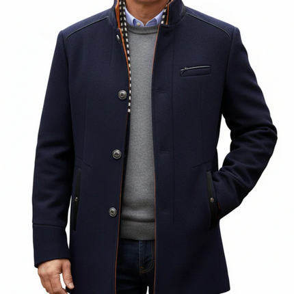 Mens Winter Wool Coat Thick Stand Collar With Scarf Navy Blue Size M, Biutimarden