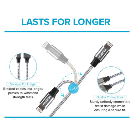 Maplin Lightning to USB-C 20W High Speed Braided Cable - Silver, 3m