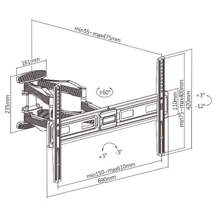 ProperAV TV Wall Bracket (37" - 75" / 45kg Capacity / VESA Max. 600x400) - Black