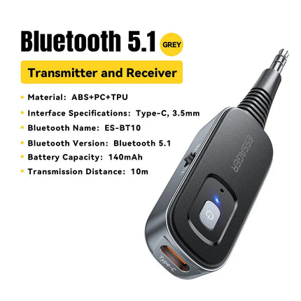 Essager 2-in-1 Bluetooth Audio Receiver Transmitter Wireless Bluetooth 5.1 3.5mm AUX Audio Adapter Stereo for Earphones TV Car