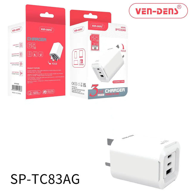 65W 3-in-1 Foldable Fast Charger – Dual USB-C & USB-A Adapter Plug
