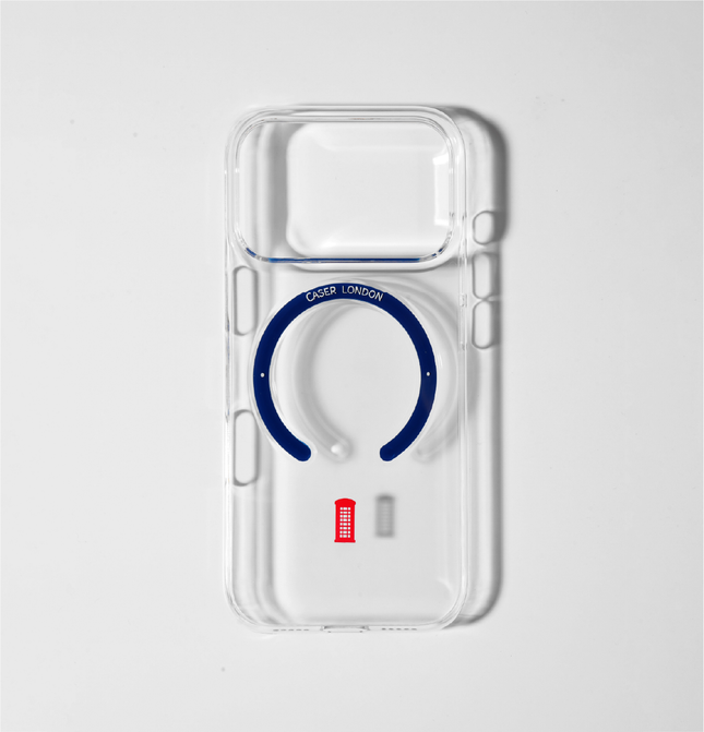 Slim Clear iPhone 17 Pro Case with Royal Blue MagSafe Ring - Telephone Box | The Iconic Slim