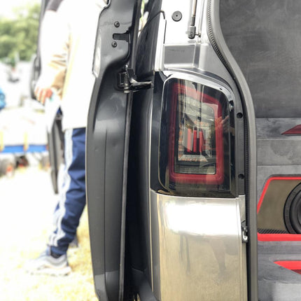 For VW T5 Transporter MK3.1 Tailgate LED Rear Lights Smoked Full Frame Light Bar Upgrade – Van-X