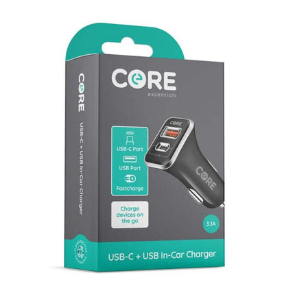 Core Essentials Universal 3.1A Car Charger Dual USB-C PD and USB-A New & Boxed