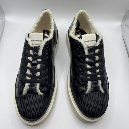 UK 5 Armani Black Leather Faux Fur Women’s Sneakers with Textured Sole – EU 38