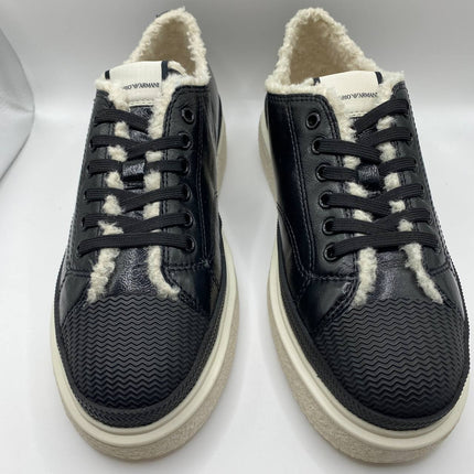 UK 5 Armani Black Leather Faux Fur Women’s Sneakers with Textured Sole – EU 38