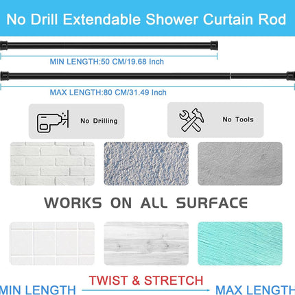 Shower Curtain Rod No Drill Extendable 110-200cm 25mm Bathroom Aiitomg