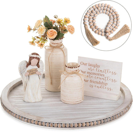 Round Decorative Wooden Tray 18 Inch Beaded Table Centerpiece HANOBE